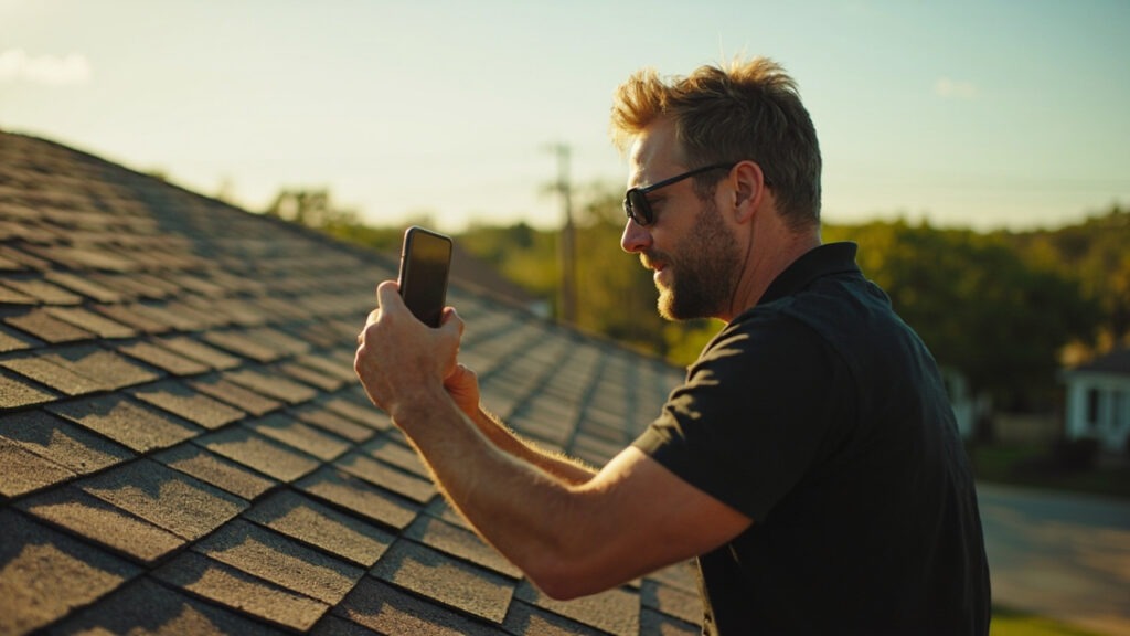 A man wearing sunglasses stands on a roof, taking a photo or video with his smartphone in bright daylight.