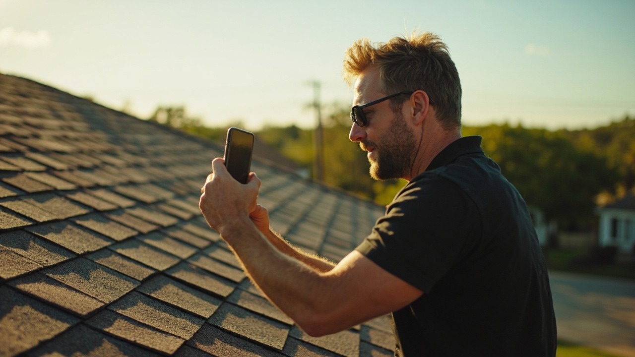 A man wearing sunglasses stands on a roof, taking a photo or video with his smartphone in bright daylight.