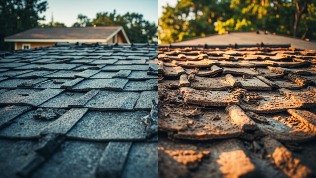 Side-by-side comparison of a roof with intact shingles on the left and a roof with heavily damaged, deteriorated shingles on the right.