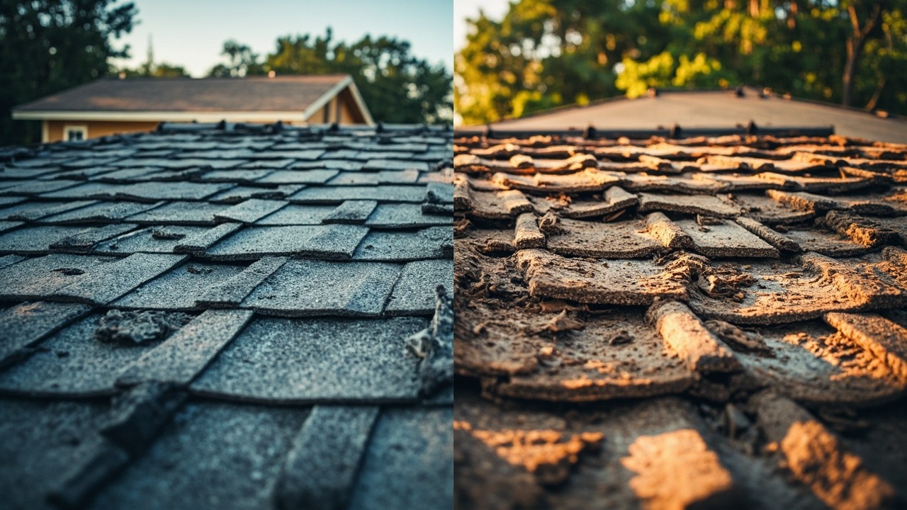 Side-by-side comparison of a roof with intact shingles on the left and a roof with heavily damaged, deteriorated shingles on the right.