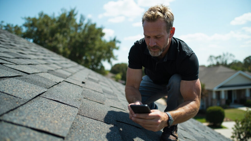 A man kneels on an asphalt shingle roof while looking at and using a smartphone, with houses and trees in the background.