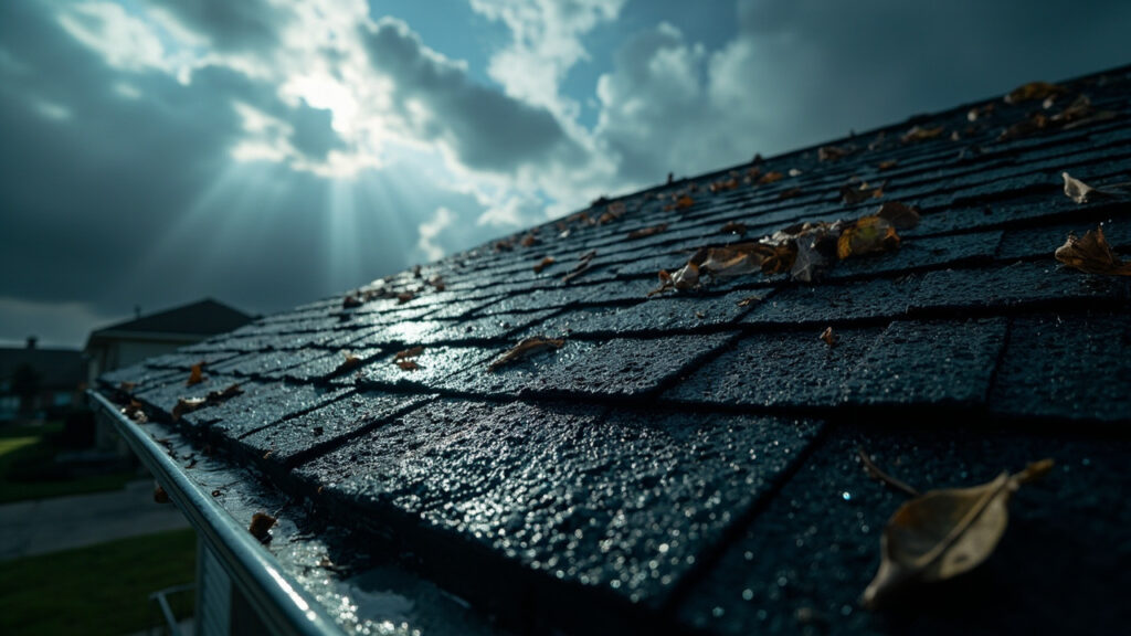 Close-up of a shingled roof with scattered fallen leaves and dew, under a cloudy sky with sunlight streaming through.
