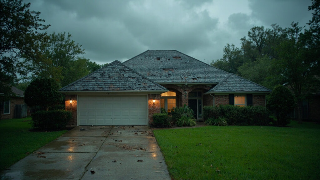A single-story brick house with a two-car garage and lights on, seen at dusk. The driveway and yard are wet, and the sky is overcast with dark clouds.