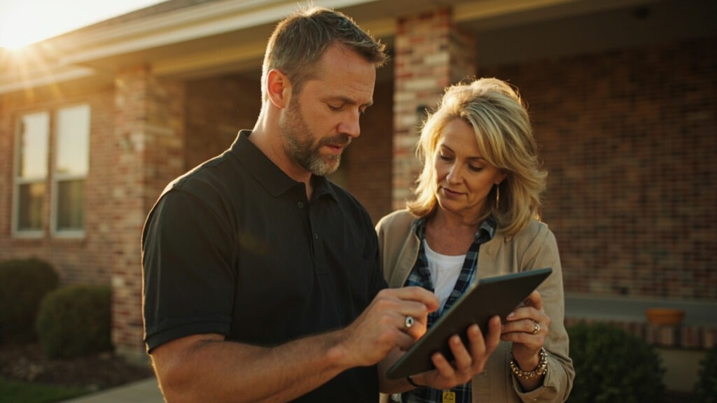 A man and a woman stand outside a brick house, looking at and discussing information displayed on a digital tablet.